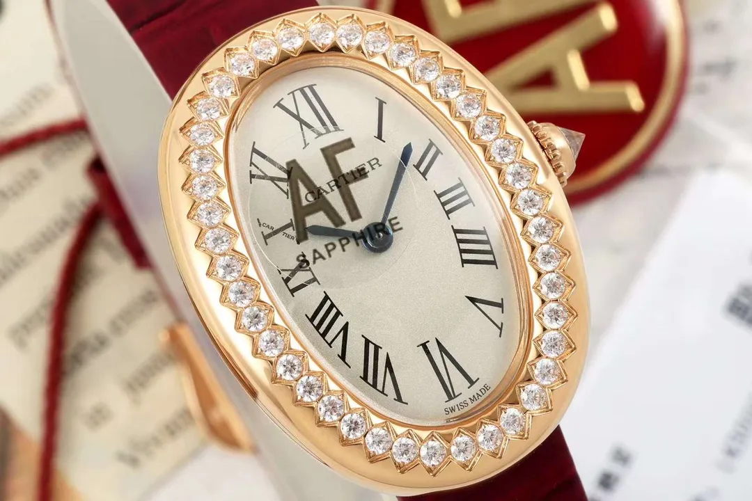 AF Factory Cartier Baignoire Allong??e Diamond-Set Rose Gold Oval Watch with Burgundy Leather Strap and Roman Numeral Dial