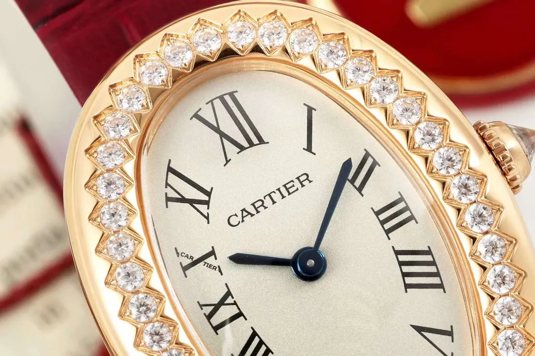 AF Factory Cartier Baignoire Allong??e Diamond-Set Rose Gold Oval Watch with Burgundy Leather Strap and Roman Numeral Dial - 图片 2