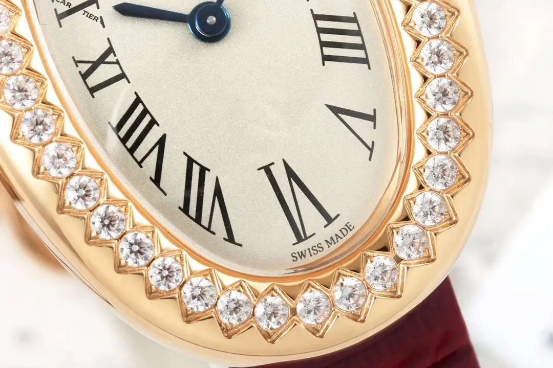 AF Factory Cartier Baignoire Allong??e Diamond-Set Rose Gold Oval Watch with Burgundy Leather Strap and Roman Numeral Dial - 图片 3