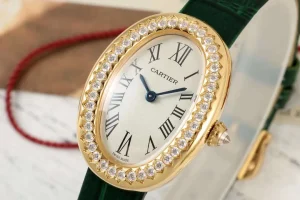 AF Factory Cartier Baignoire Oval Diamond-Set Yellow Gold Women’s Watch with Green Leather Strap and White Dial