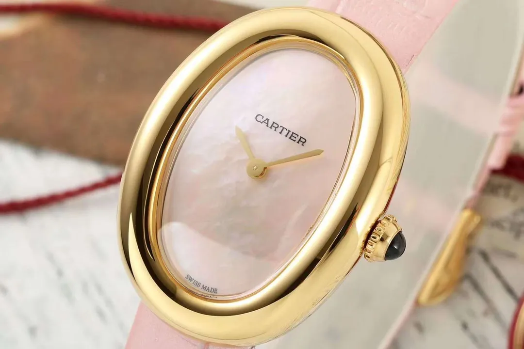 AF Factory Cartier Baignoire Oval Pink Mother-of-Pearl Dial Yellow Gold Case Pink Leather Strap Women’s Luxury Watch