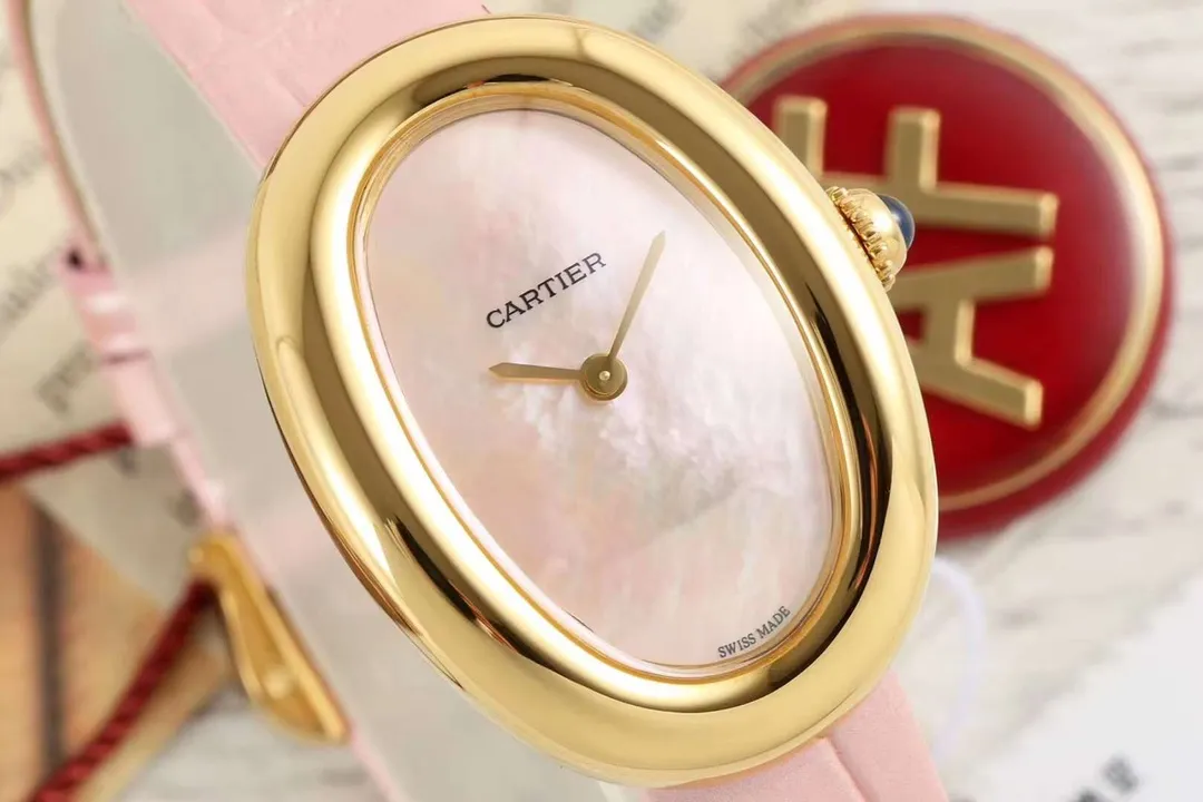 AF Factory Cartier Baignoire Oval Pink Mother-of-Pearl Dial Yellow Gold Case Pink Leather Strap Women’s Luxury Watch - 图片 2