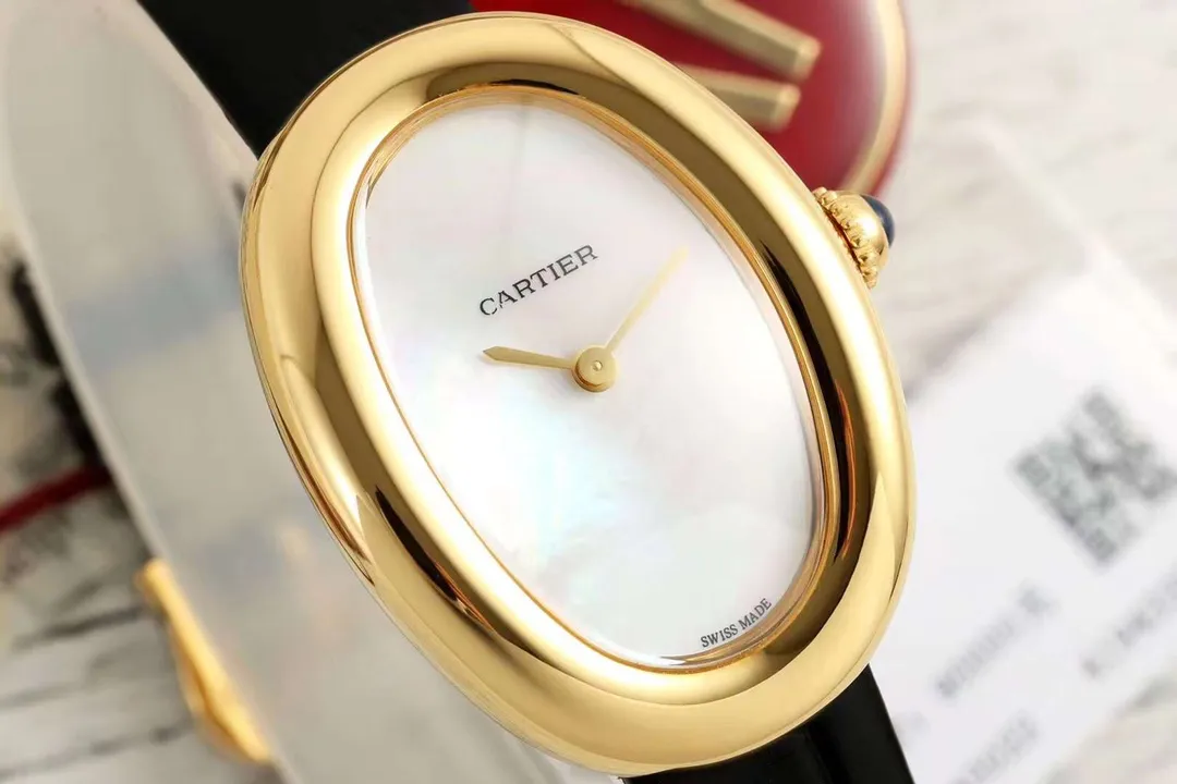 AF Factory Cartier Baignoire Oval Yellow Gold Case Mother-of-Pearl Dial Black Leather Strap Swiss Made Women’s Luxury Watch - 图片 2