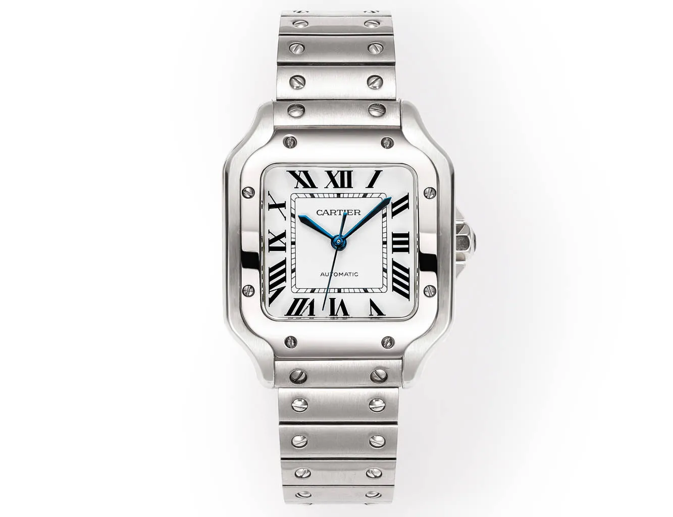 AF Factory Cartier Santos de Cartier Automatic Stainless Steel Watch with White Dial and Blue Hands