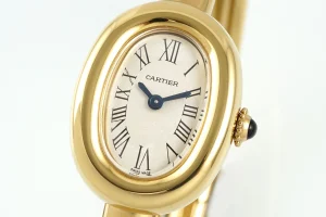 AF Factory Cartier Baignoire Yellow Gold Oval Bangle Watch with Cream Dial, Roman Numerals, and Black Cabochon Crown