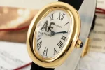 AF Factory Cartier Baignoire Yellow Gold Oval Women’s Watch with White Dial, Roman Numerals, Black Leather Strap, and Sapphire Cabochon Crown