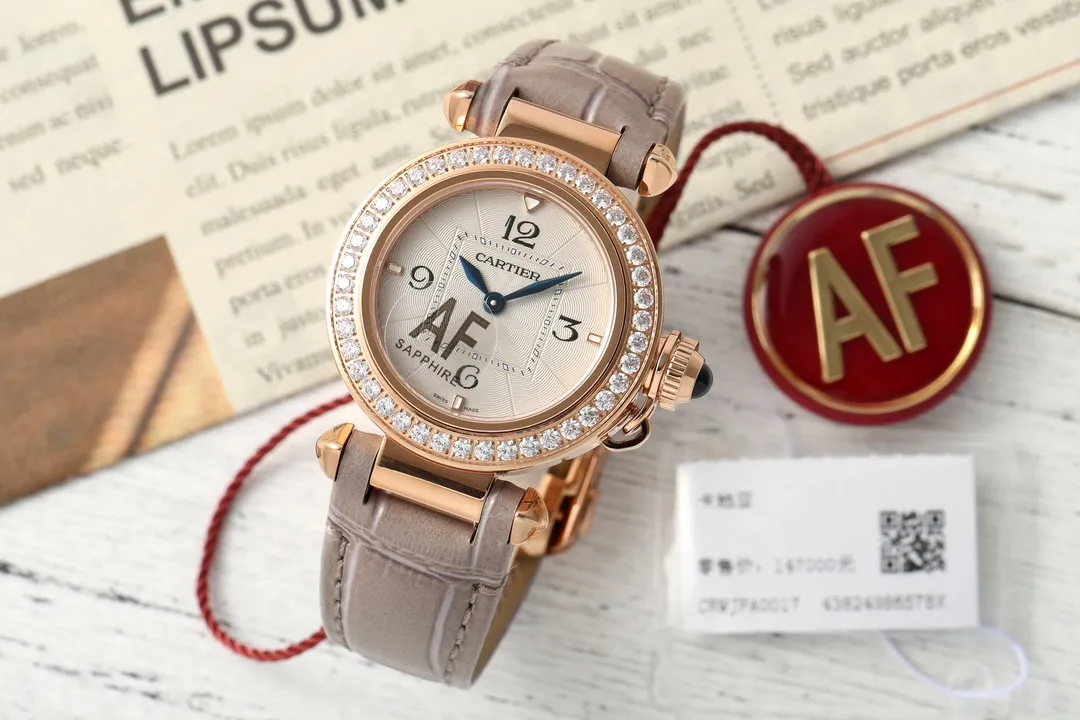 AF Factory Cartier Ballon Bleu de Cartier Rose Gold Diamond-Bezel Watch with Grey Leather Strap and Blue Sword Hands