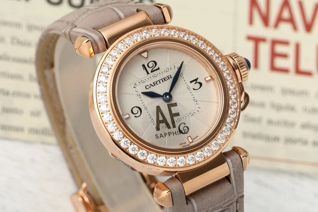 AF Factory Cartier Ballon Bleu de Cartier Rose Gold Diamond-Bezel Watch with Grey Leather Strap and Blue Sword Hands - 图片 2
