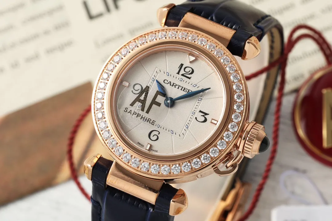 AF Factory Cartier Pasha de Cartier 32mm Rose Gold Diamond-Bezel Navy Blue Leather Strap Women’s Luxury Watch - 图片 2