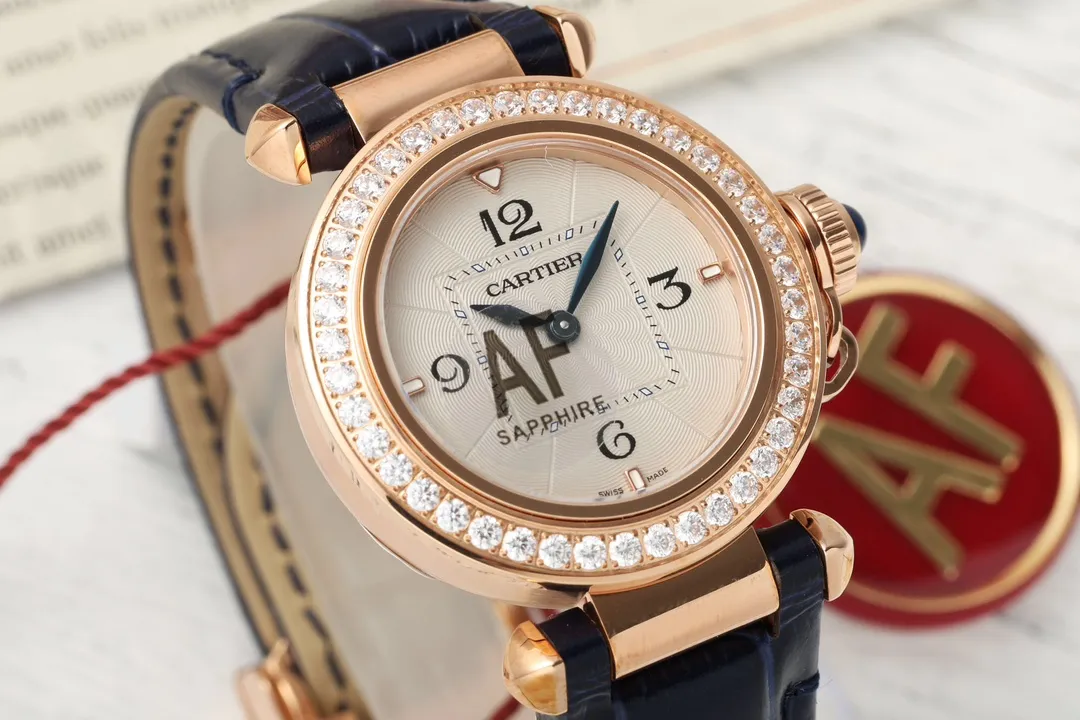 AF Factory Cartier Pasha de Cartier 32mm Rose Gold Diamond-Bezel Navy Blue Leather Strap Women’s Luxury Watch - 图片 3