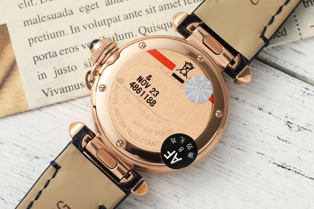 AF Factory Cartier Pasha de Cartier 32mm Rose Gold Diamond-Bezel Navy Blue Leather Strap Women’s Luxury Watch - 图片 7