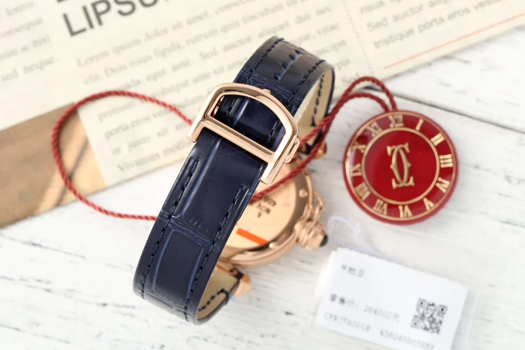 AF Factory Cartier Pasha de Cartier 32mm Rose Gold Diamond-Bezel Navy Blue Leather Strap Women’s Luxury Watch - 图片 8