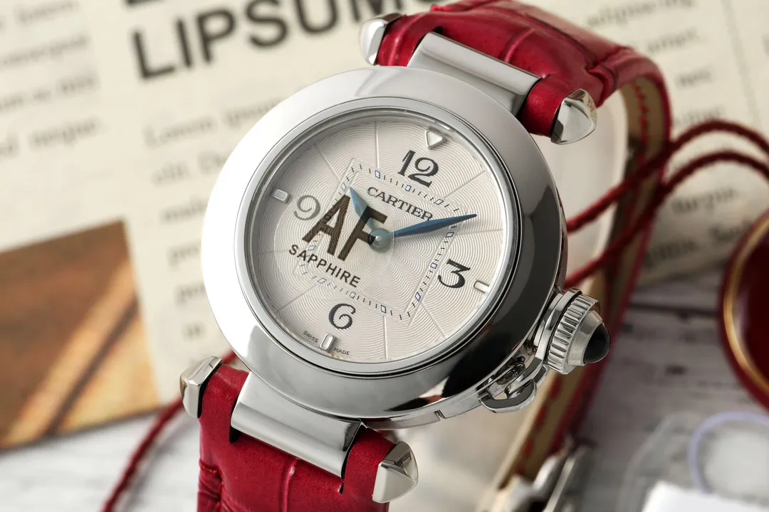 AF Factory Cartier Pasha de Cartier 35mm Women’s Watch with Silver Case, White Dial, and Red Leather Strap - 图片 3