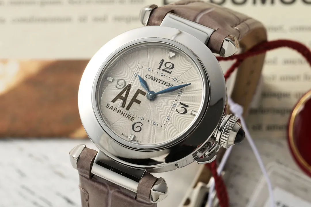 AF Factory Cartier Pasha de Cartier Silver Dial Automatic Watch with Brown Leather Strap and Blue Hands - 图片 2