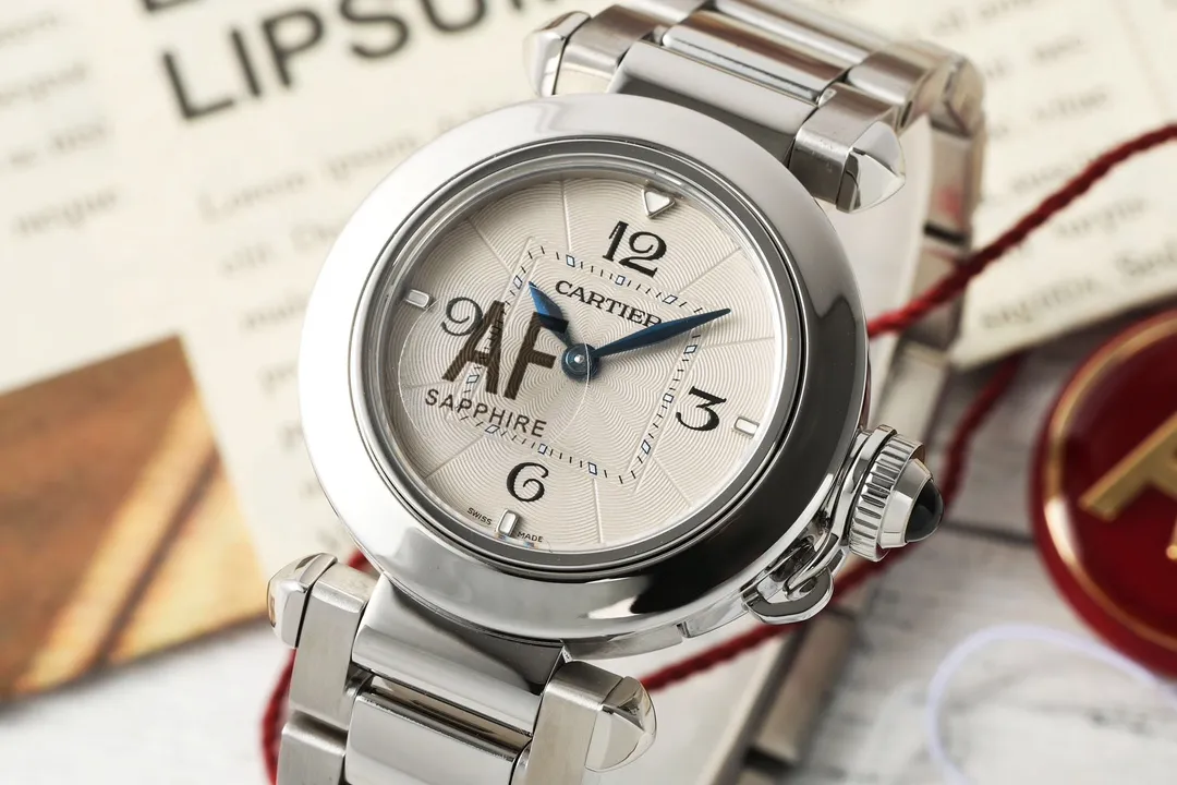 AF Factory Cartier Pasha de Cartier Stainless Steel Automatic Watch with White Dial, Blue Hands, and Sapphire Crystal – Silver Tone Bracelet - 图片 3
