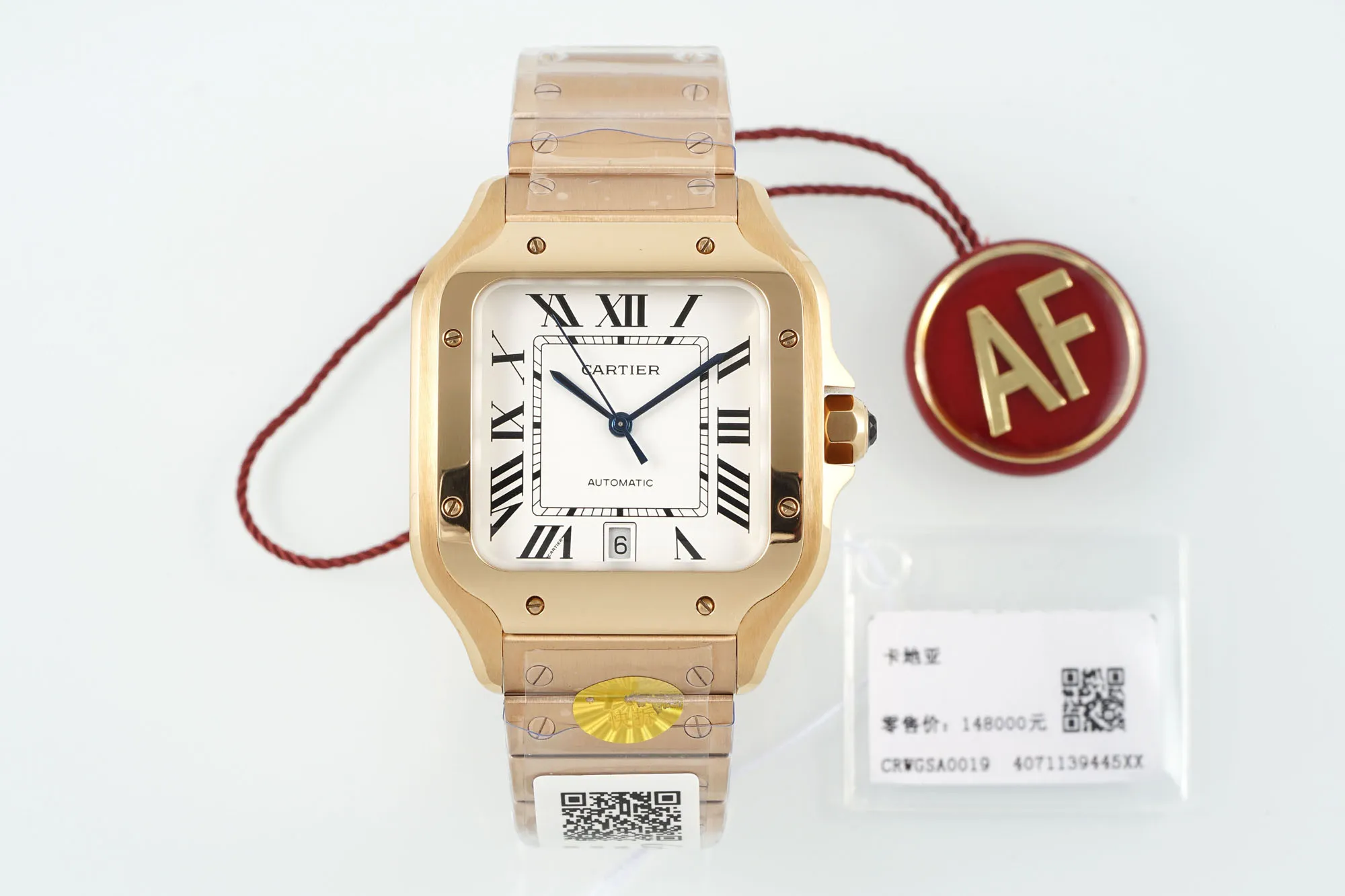 AF Factory Cartier Santos de Cartier Automatic Rose Gold Watch with White Roman Dial and Metal Bracelet