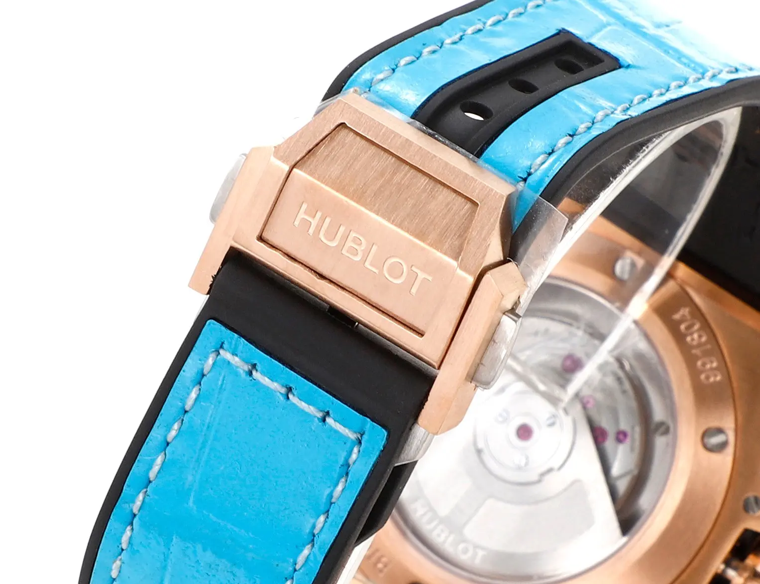 APS Factory HUBLOT Big Bang One-Click 39mm Stainless Steel Rainbow Watch – Blue Dial, Rose Gold and Diamond Bezel, Blue Leather Strap, Best Replica Watch - 图片 8