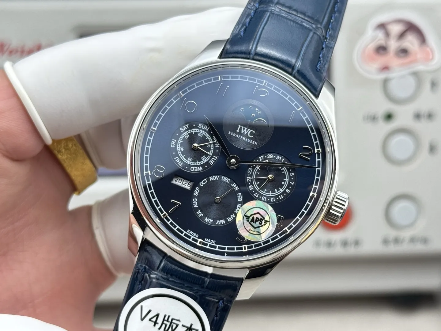 APS Factory IWC Portugieser Perpetual Calendar Automatic Men’s Watch Blue Dial Leather Strap Silver Case - 图片 3