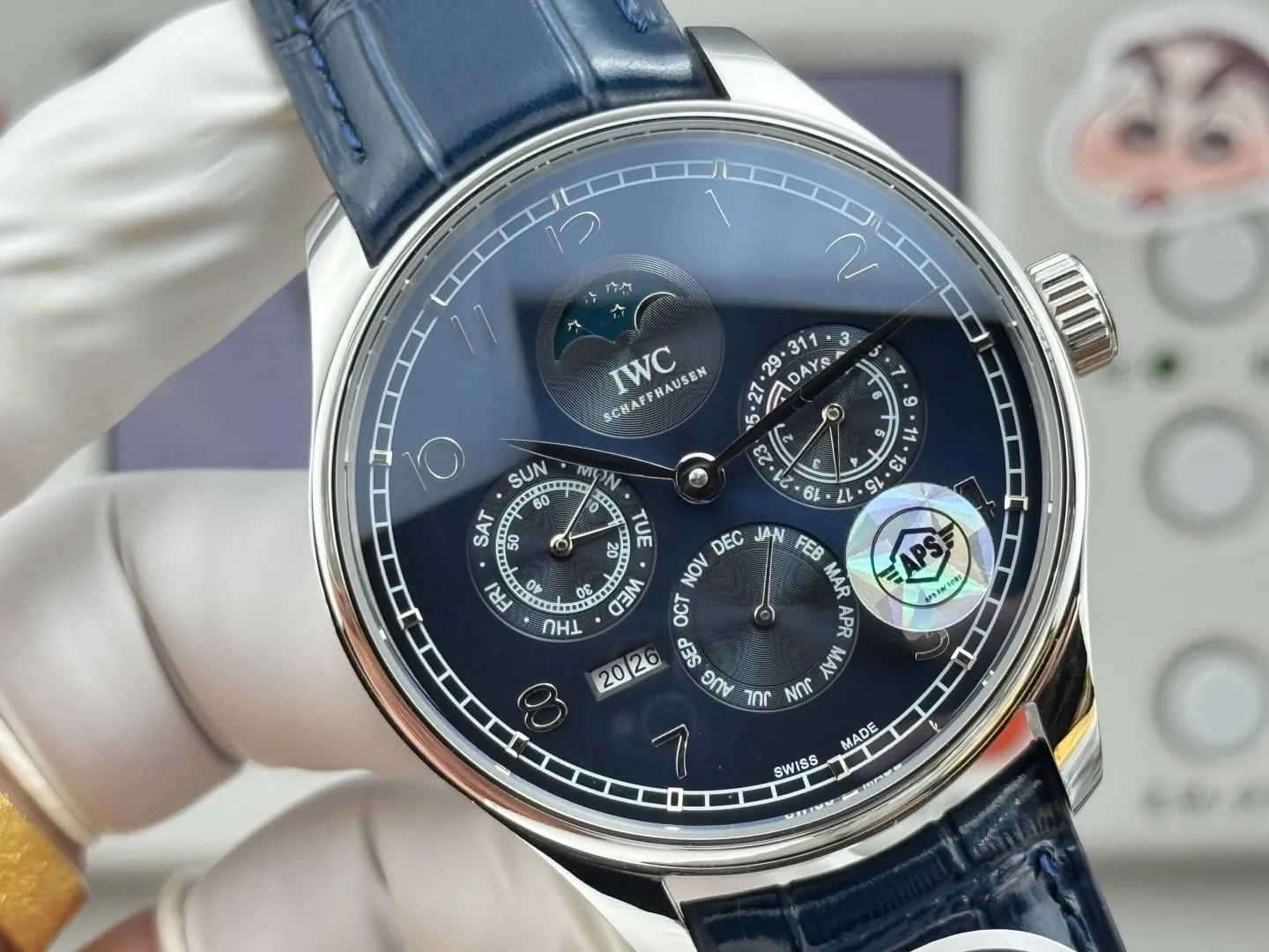 APS Factory IWC Portugieser Perpetual Calendar Automatic Men’s Watch Blue Dial Leather Strap Silver Case - 图片 4
