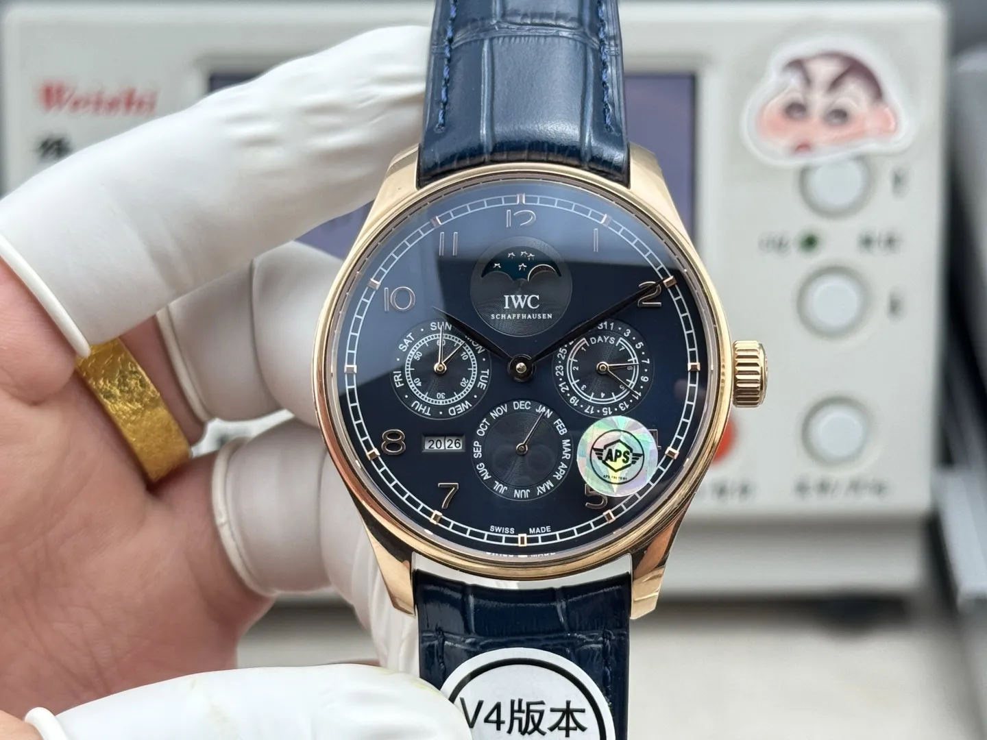 APS Factory IWC Portugieser Perpetual Calendar Automatic Men’s Watch – Navy Blue Dial, Moonphase, Blue Leather Strap, Rose Gold Case