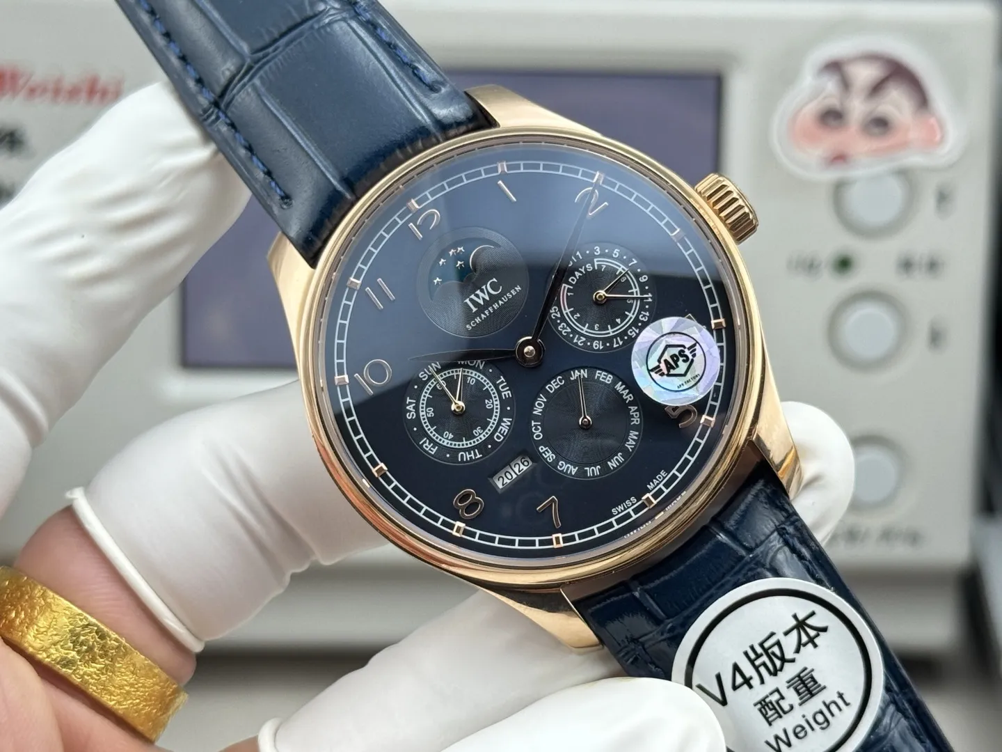 APS Factory IWC Portugieser Perpetual Calendar Automatic Men’s Watch – Navy Blue Dial, Moonphase, Blue Leather Strap, Rose Gold Case - 图片 2