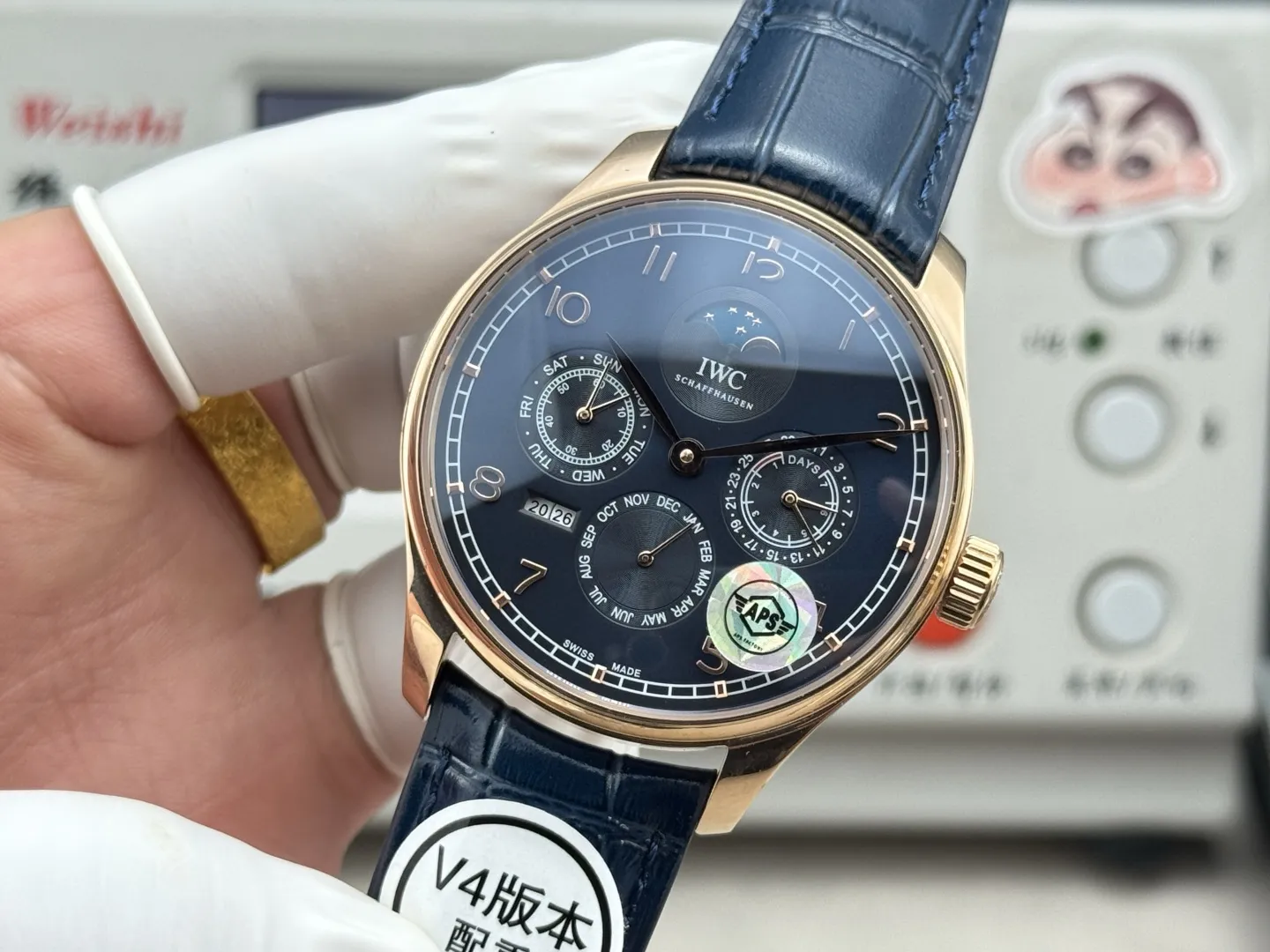 APS Factory IWC Portugieser Perpetual Calendar Automatic Men’s Watch – Navy Blue Dial, Moonphase, Blue Leather Strap, Rose Gold Case - 图片 3