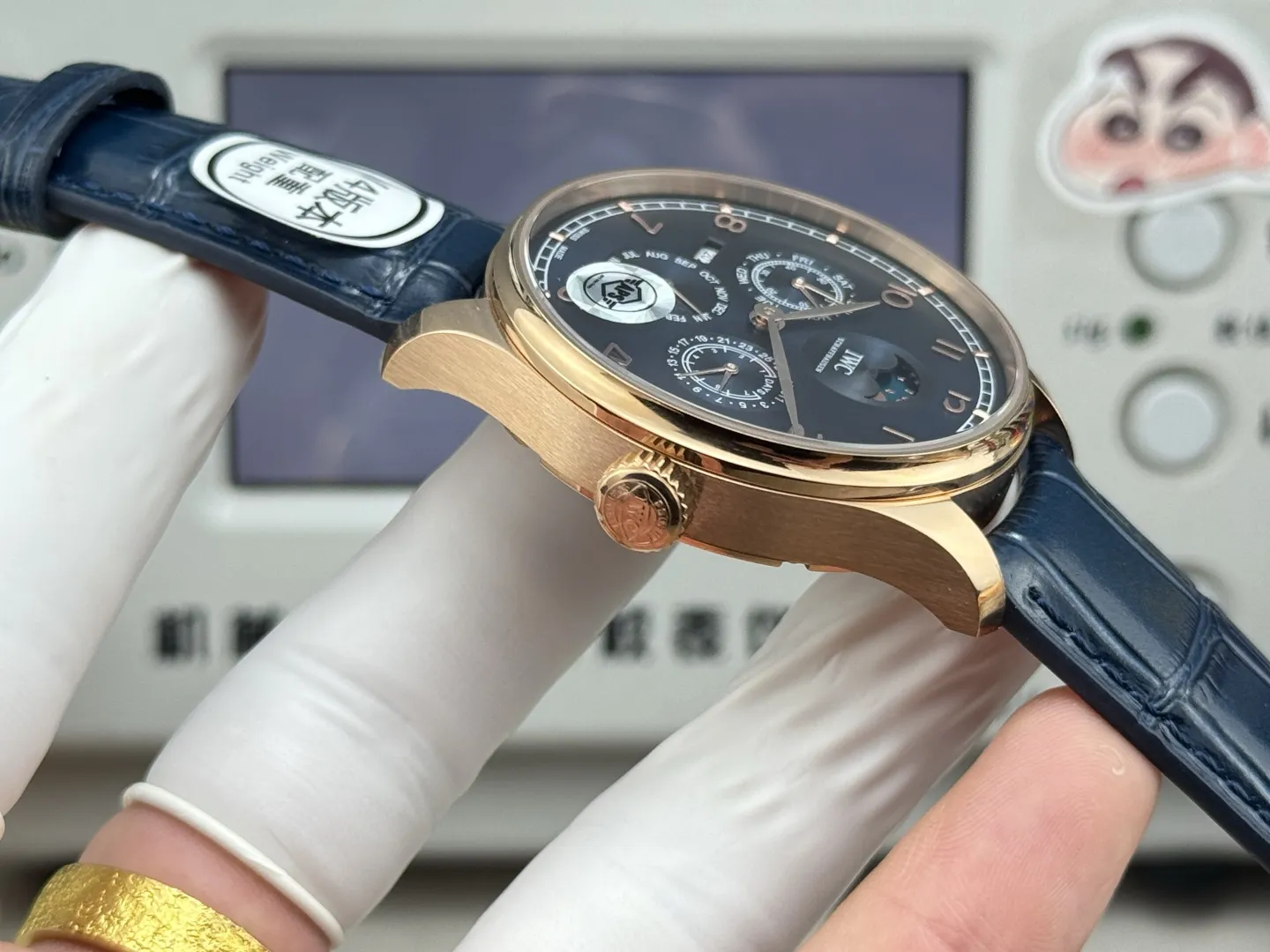 APS Factory IWC Portugieser Perpetual Calendar Automatic Men’s Watch – Navy Blue Dial, Moonphase, Blue Leather Strap, Rose Gold Case - 图片 6