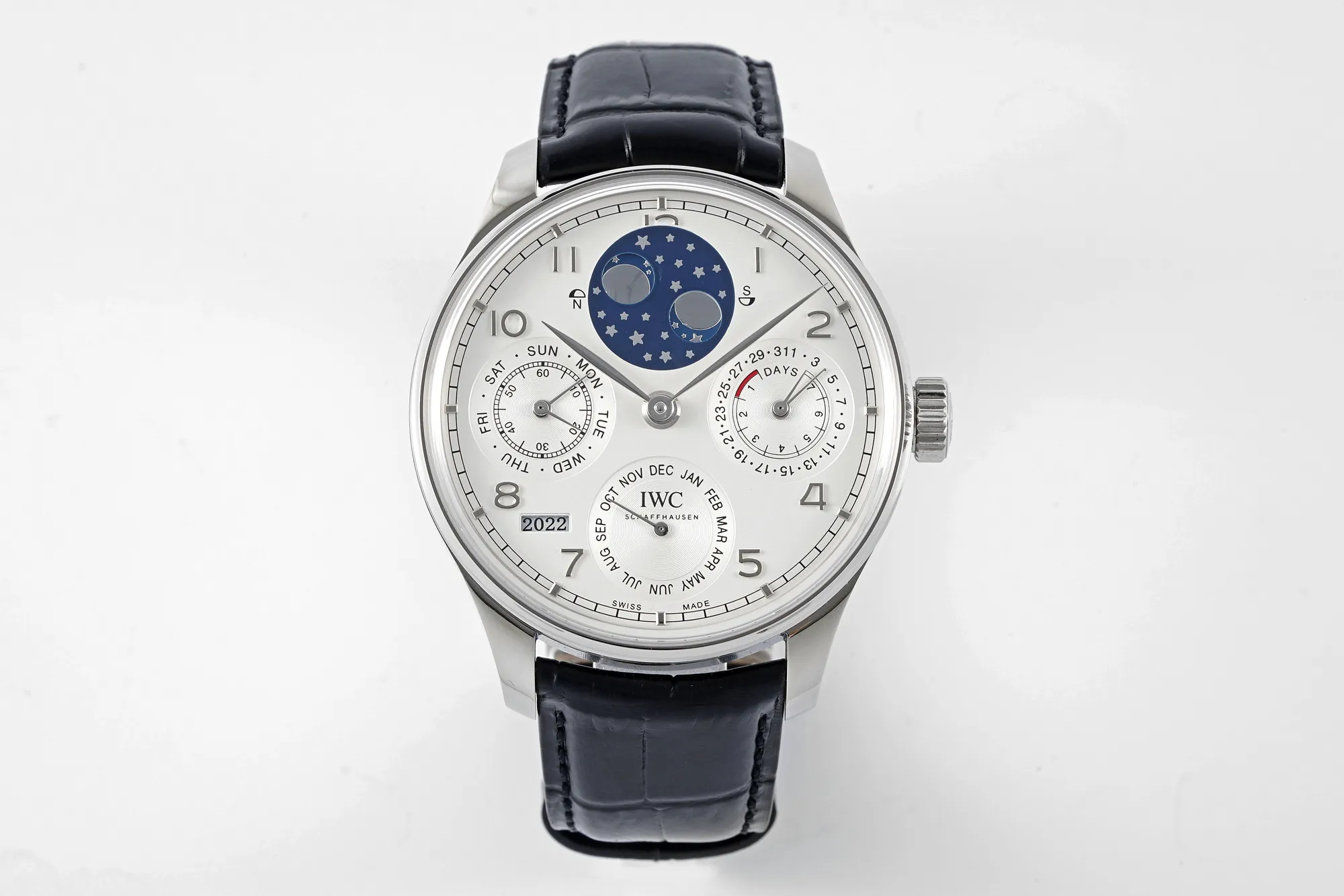 APS Factory IWC Portugieser Perpetual Calendar Automatic Men’s Watch – Silver Case, White Dial with Moon Phase, Black Leather Strap