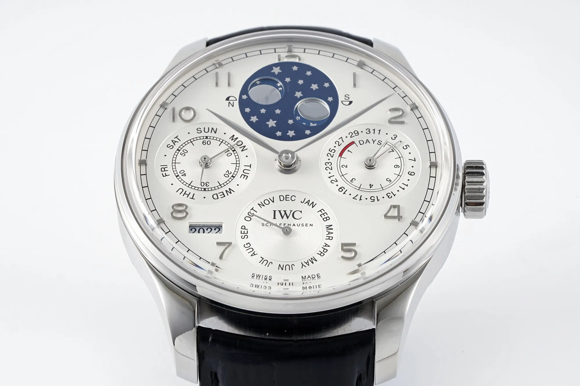 APS Factory IWC Portugieser Perpetual Calendar Automatic Men’s Watch – Silver Case, White Dial with Moon Phase, Black Leather Strap - 图片 2