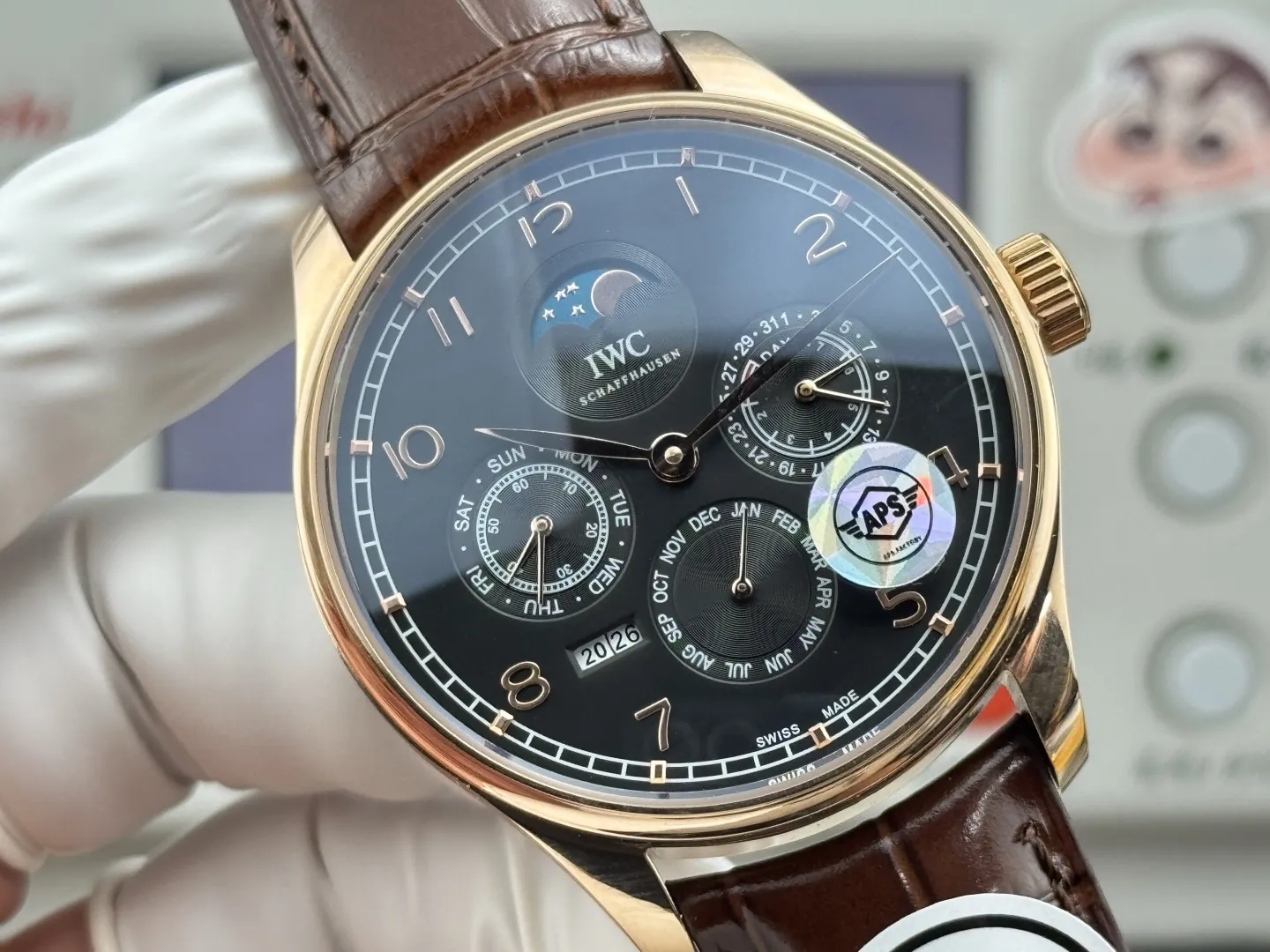 APS Factory IWC Portugieser Perpetual Calendar Black Dial Rose Gold Case Brown Leather Strap Men’s Luxury Watch - 图片 4