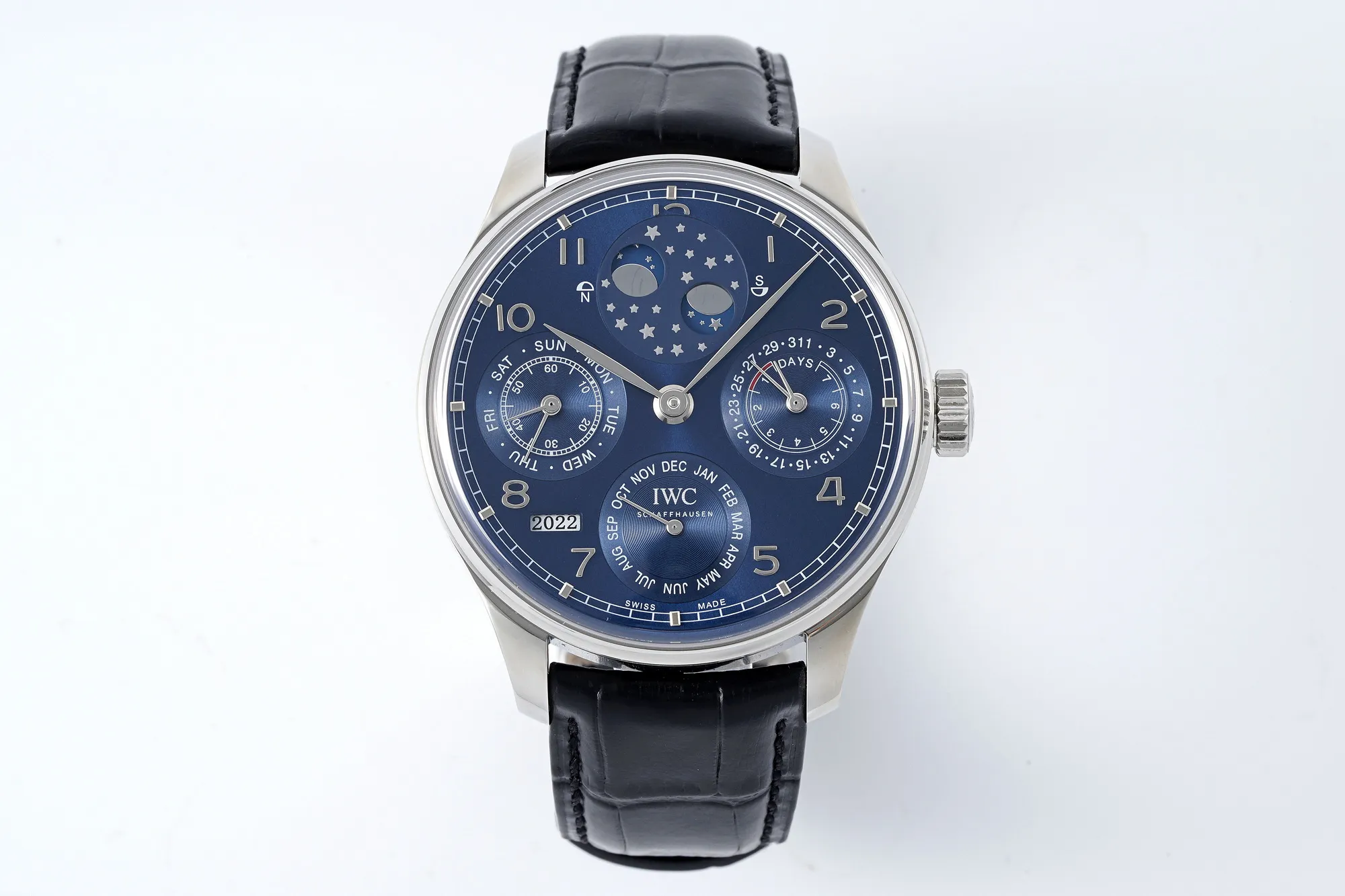 APS Factory IWC Schaffhausen Portugieser Perpetual Calendar Blue Dial Moonphase Black Leather Strap Men’s Luxury Watch