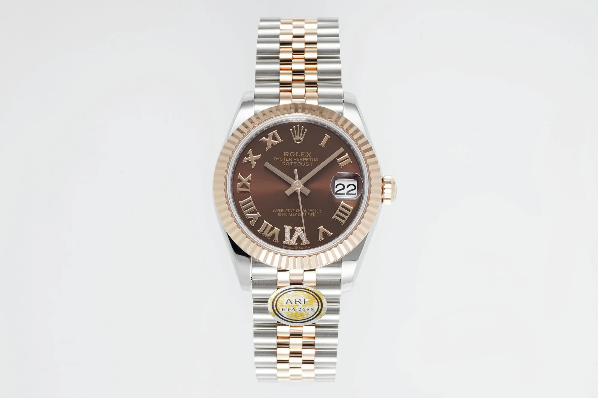 AR Factory Rolex Datejust 31mm Chocolate Dial Roman Numerals Two-Tone Rose Gold and Steel Jubilee Bracelet Women’s Watch