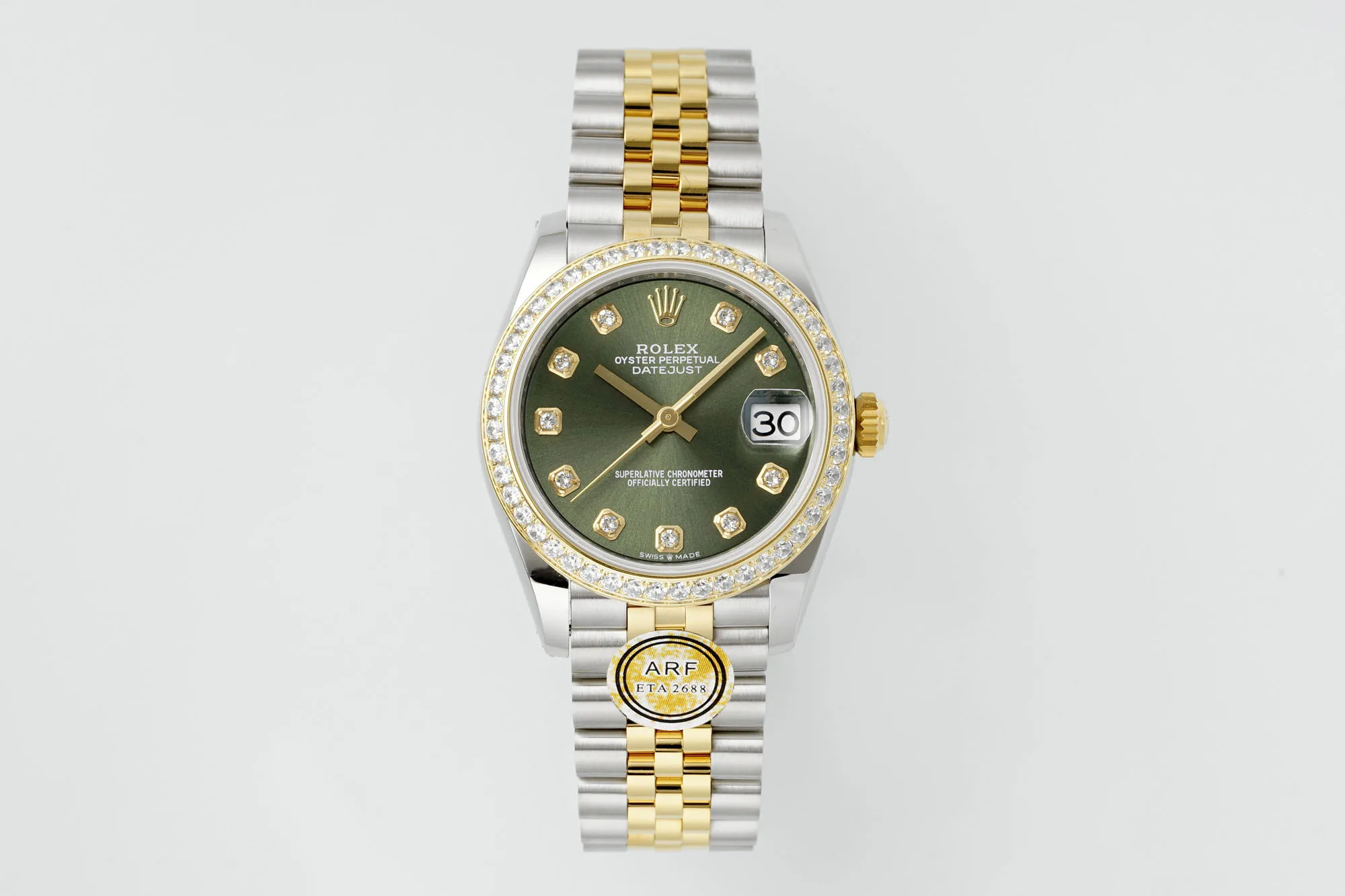 AR Factory Rolex Datejust 31mm Olive Green Dial Diamond Bezel Two-Tone Gold & Steel Jubilee Bracelet Ladies Watch