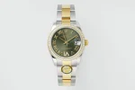 AR Factory Rolex Datejust 31mm Olive Green Roman Dial Diamond Bezel Two-Tone Steel and Yellow Gold Oyster Bracelet Ladies Watch