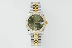 AR Factory Rolex Datejust 31mm Olive Green Roman Numeral Dial Diamond Bezel Two-Tone Yellow Gold & Stainless Steel Jubilee Bracelet Ladies Watch