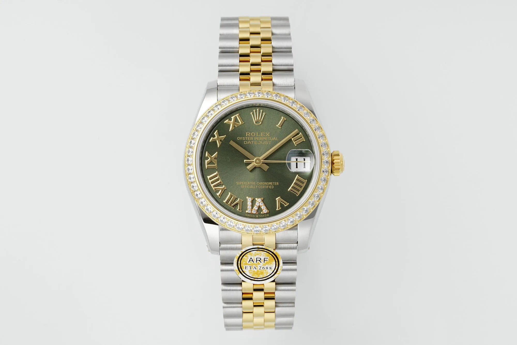 AR Factory Rolex Datejust 31mm Olive Green Roman Numeral Dial Diamond Bezel Two-Tone Yellow Gold & Stainless Steel Jubilee Bracelet Ladies Watch