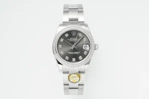 AR Factory Rolex Datejust 31mm Oyster Perpetual Stainless Steel Watch with Diamond Bezel and Grey Dial