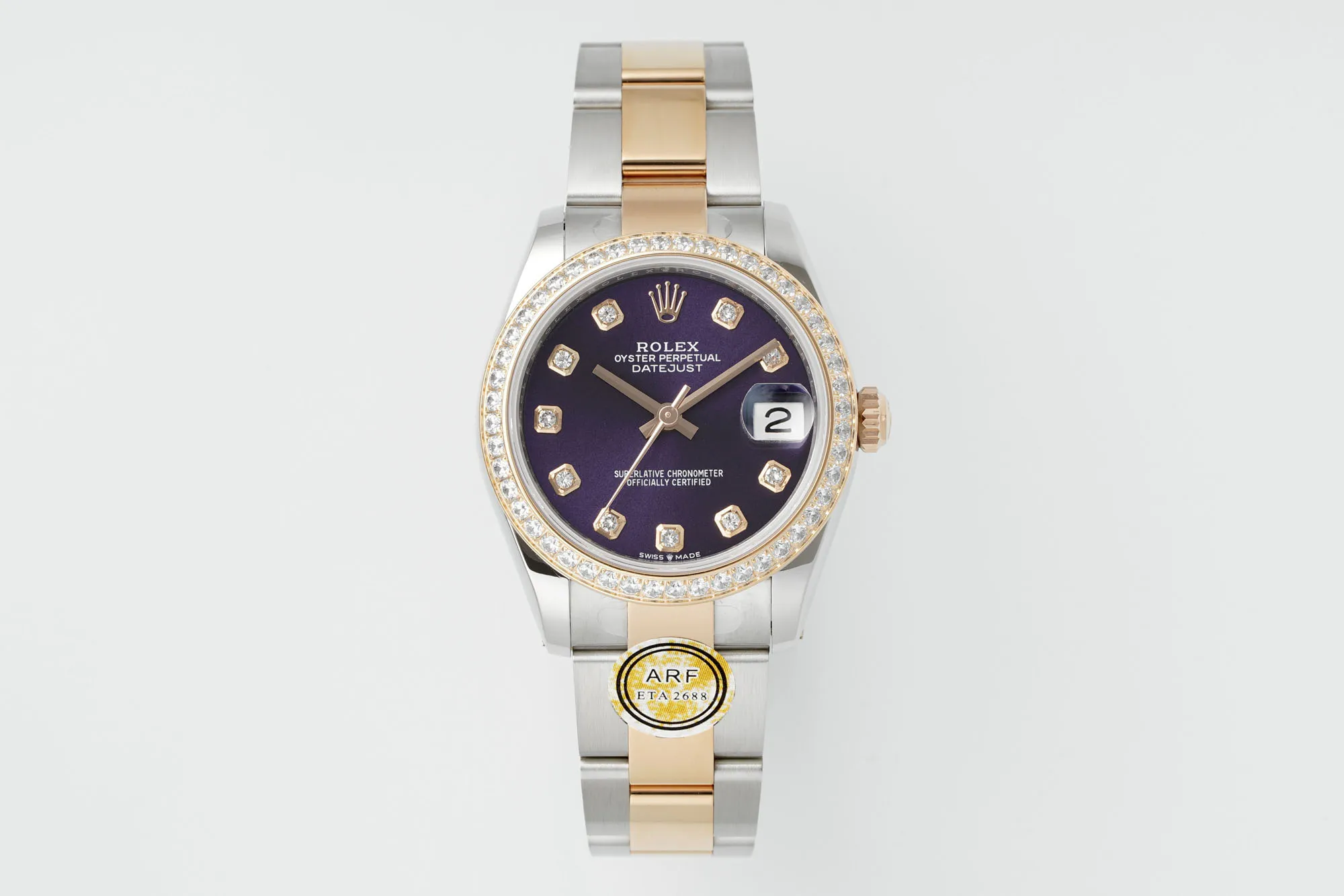 AR Factory Rolex Datejust 31mm Purple Dial Diamond Bezel Two-Tone Stainless Steel and Rose Gold Automatic Women’s Watch
