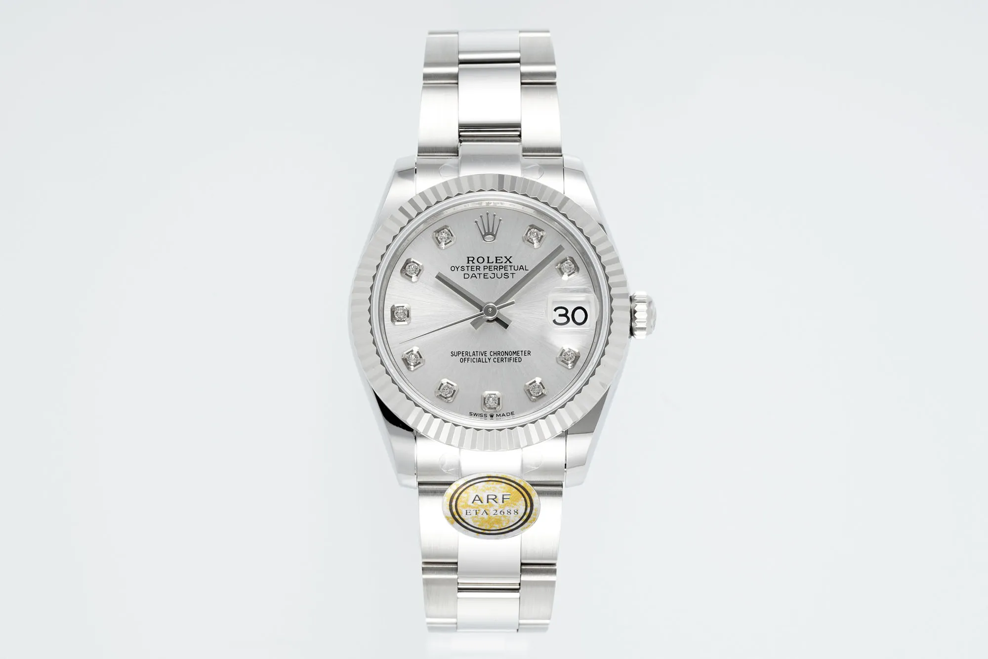 AR Factory Rolex Datejust 31mm Stainless Steel Oyster Bracelet White Dial Diamond Hour Markers Fluted Bezel Automatic Women’s Watch