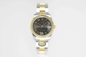 AR Factory Rolex Datejust 31mm Two-Tone Yellow Gold and Stainless Steel Watch with Black Roman Numeral Dial and Fluted Bezel