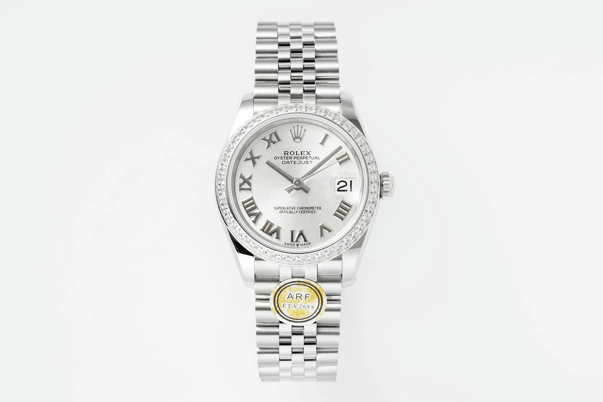 AR Factory Rolex Datejust 31mm White Roman Dial Diamond Bezel Jubilee Bracelet Stainless Steel Women’s Watch