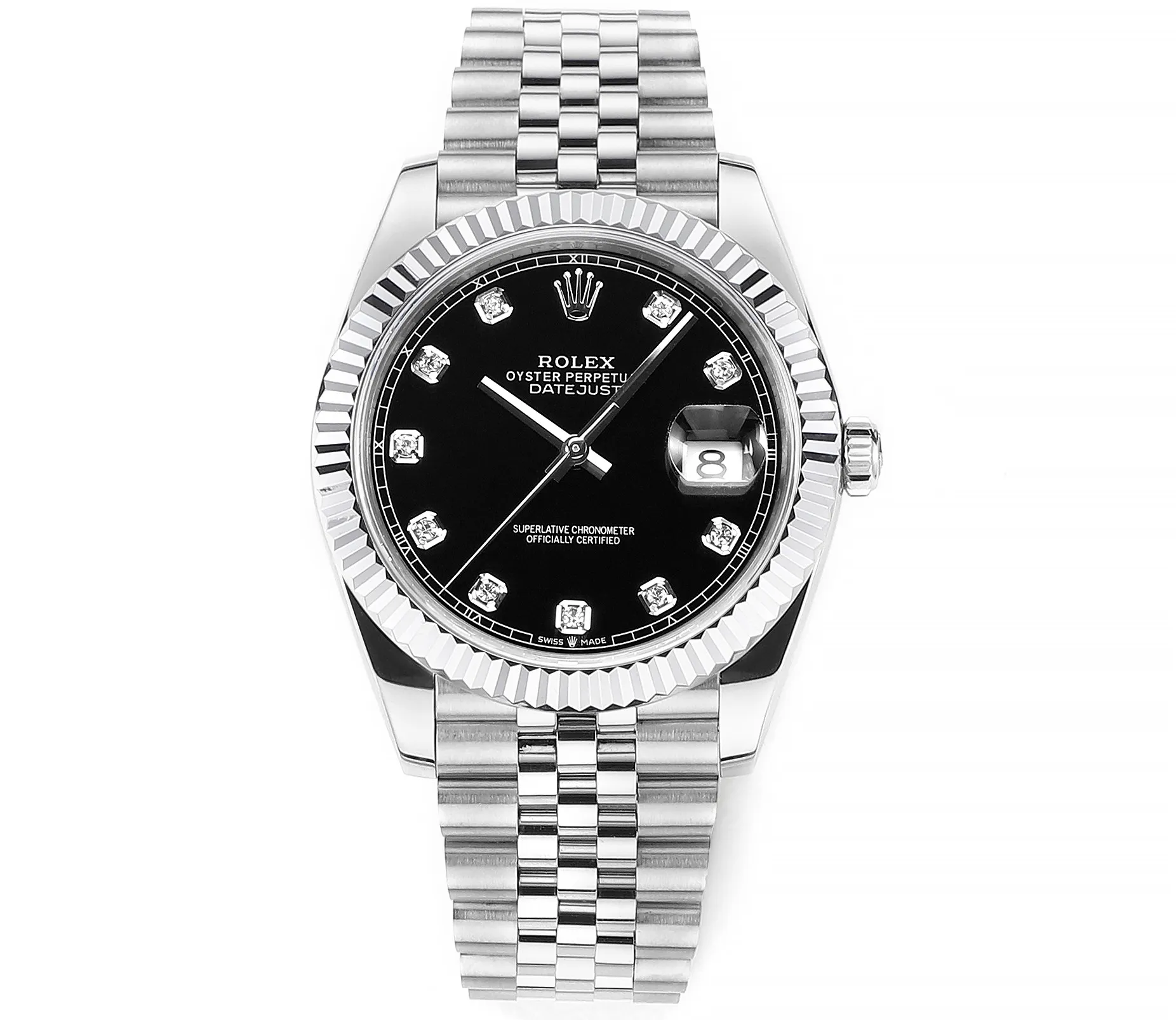 AR Factory Rolex Datejust 41mm Black Dial Diamond Markers Fluted Bezel Stainless Steel Jubilee Bracelet Men’s Luxury Watch