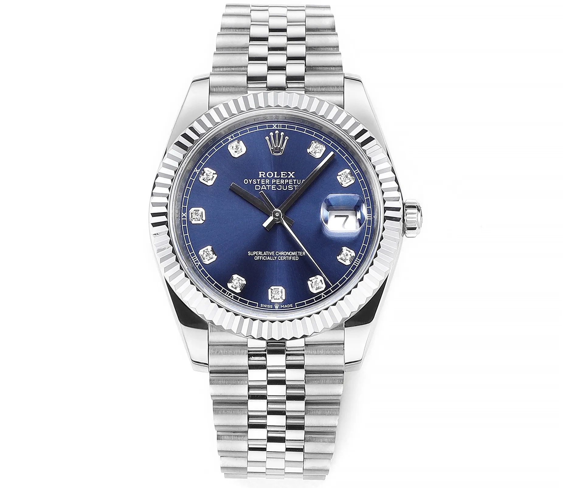 AR Factory Rolex Datejust 41mm Blue Dial Diamond Hour Markers Fluted Bezel Stainless Steel Jubilee Bracelet Luxury Watch