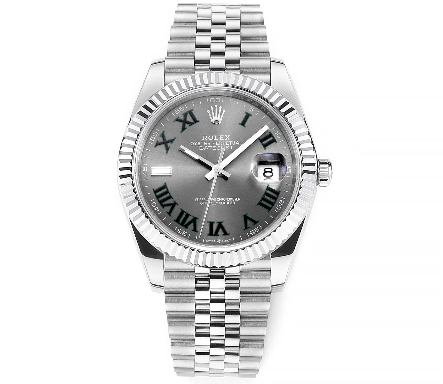 AR Factory Rolex Datejust 41mm Rhodium Grey Dial Fluted Bezel Roman Numerals Jubilee Bracelet Stainless Steel Men’s Watch
