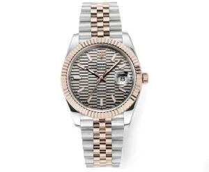 AR Factory Rolex Datejust 41mm Two-Tone Rose Gold and Stainless Steel Automatic Watch with Grey Guilloche Dial, Fluted Bezel, and Jubilee Bracelet