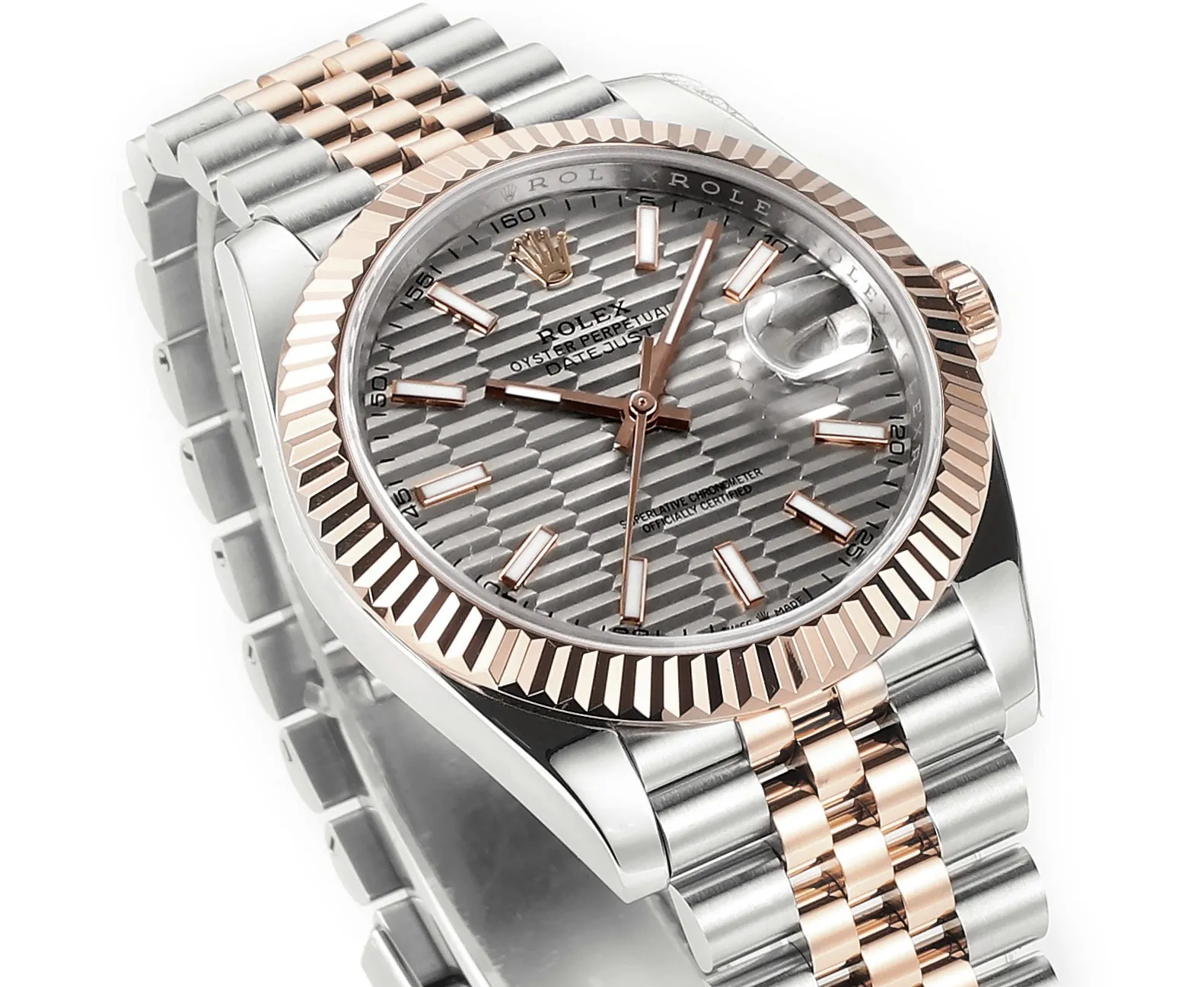 AR Factory Rolex Datejust 41mm Two-Tone Rose Gold and Stainless Steel Automatic Watch with Grey Guilloche Dial, Fluted Bezel, and Jubilee Bracelet - 图片 3