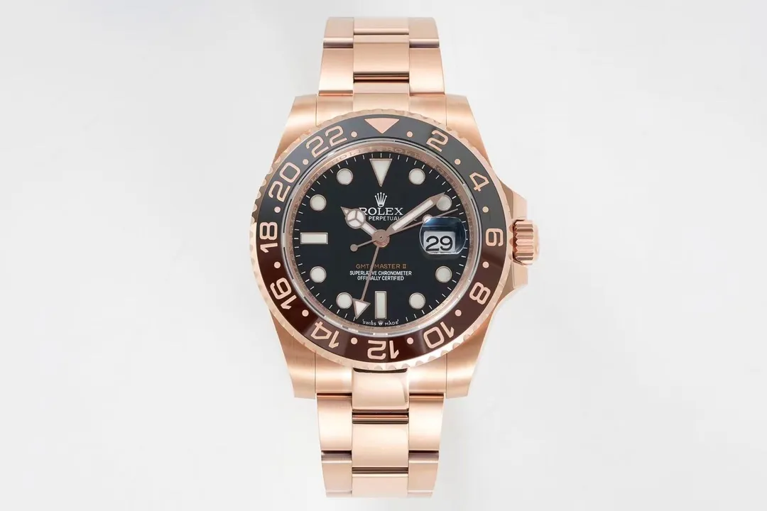 AR Factory Rolex GMT-Master II Everose Gold Black Dial Root Beer Bezel Watch