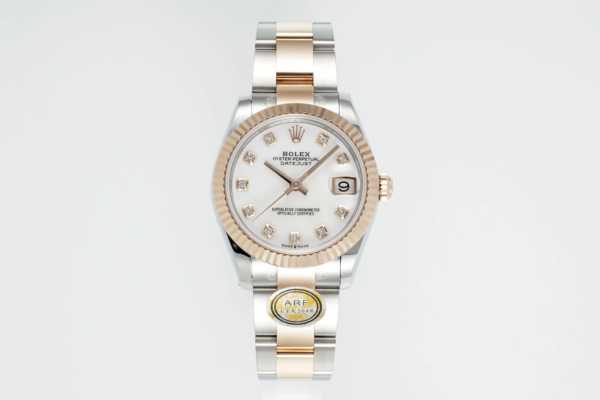 AR Factory Rolex Lady-Datejust 28mm White Mother-of-Pearl Dial Diamond Bezel Two-Tone Stainless Steel and Yellow Gold Jubilee Bracelet Women’s Watch
