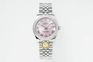 AR Factory Rolex Lady-Datejust 31mm Pink Dial Diamond Bezel Roman Numerals Stainless Steel Jubilee Bracelet Women’s Watch