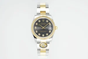 AR Factory Rolex Lady-Datejust 31mm Two-Tone Yellow Gold and Stainless Steel Black Diamond Dial Fluted Bezel Oyster Bracelet Watch